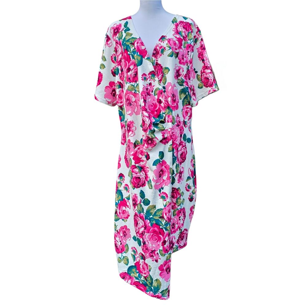Bright Pink Floral Dress BloomChic Plus Size 22   Vneck Faux Wrap Stretch White